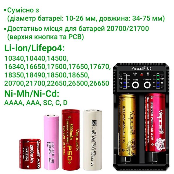 Vapcell U2 - caricabatterie intelligente con 2 canali 2 A per Ni-Mh, Ni-Cd e Li-Ion + funzione PowerBank VapcellU2 фото