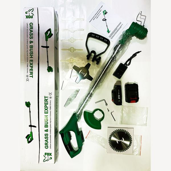 Аккумуляторная коса / триммер / кусторез для травы FOX EXPERT (2 аккумулятора и 9 лезвий) FGBE-T21/4-2 фото