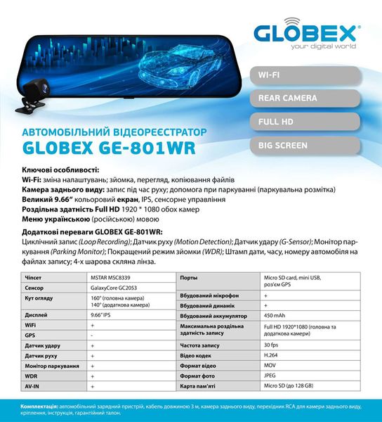 Car DVR GLOBEX GE-801WR (WiFi+Rear cam) Автомобильный Видеорегистратор 269054 фото