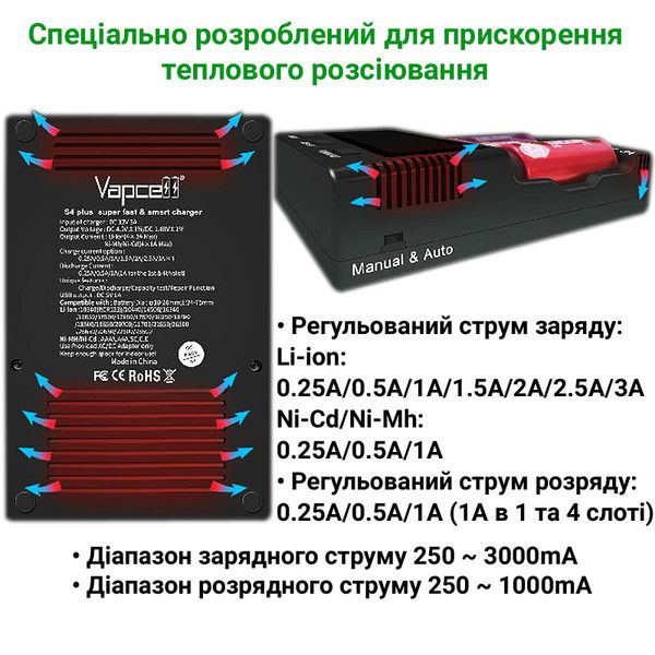 Vapcell S4 Plus v. 2.0 - FAST charger 4 channels 3 A for Ni-Mh, Ni-Cd and Li-Ion + PowerBank function VapcellS4Plus фото