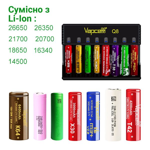 Vapcell Q8 - charger with 8 channels 1 A for Ni-Mh, Ni-Cd and Li-Ion + PowerBank function VapcellQ8 фото